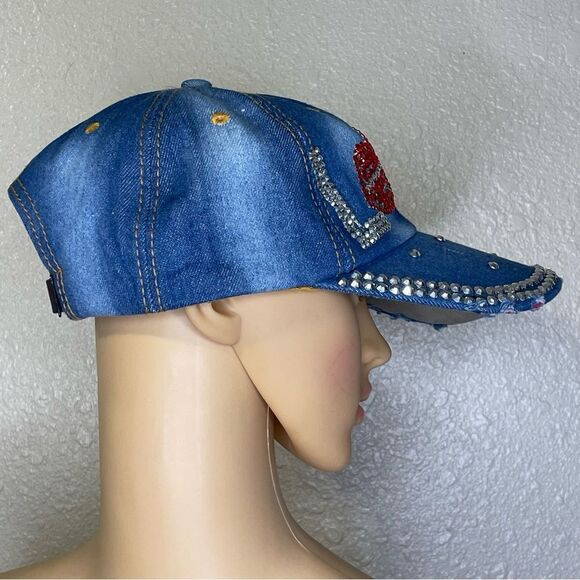 Magid Rhinestone Distressed Denim Love Ball Cap Hat Red and Silver Rhinestones - Picture 4 of 10